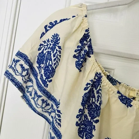 Kori America Blue & Ivory Feather Boho Ruffly Off Shoulder Romper Size Large - Picture 4 of 9